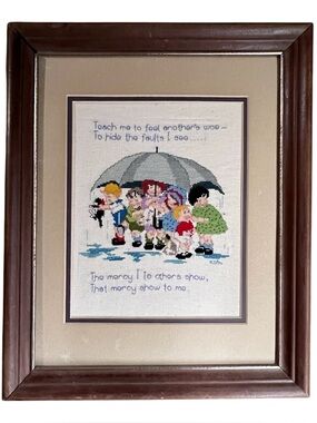 VTG Framed Cross Stitch Framed Art Stormy Weather Kids Under Umbrella 16" x 13"